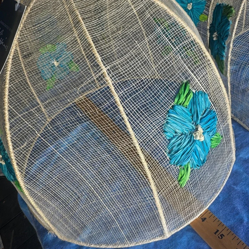 Handcrafted Philippines Mesh Food Covers 4pc Blue Floral Woven Sinamay Albaca